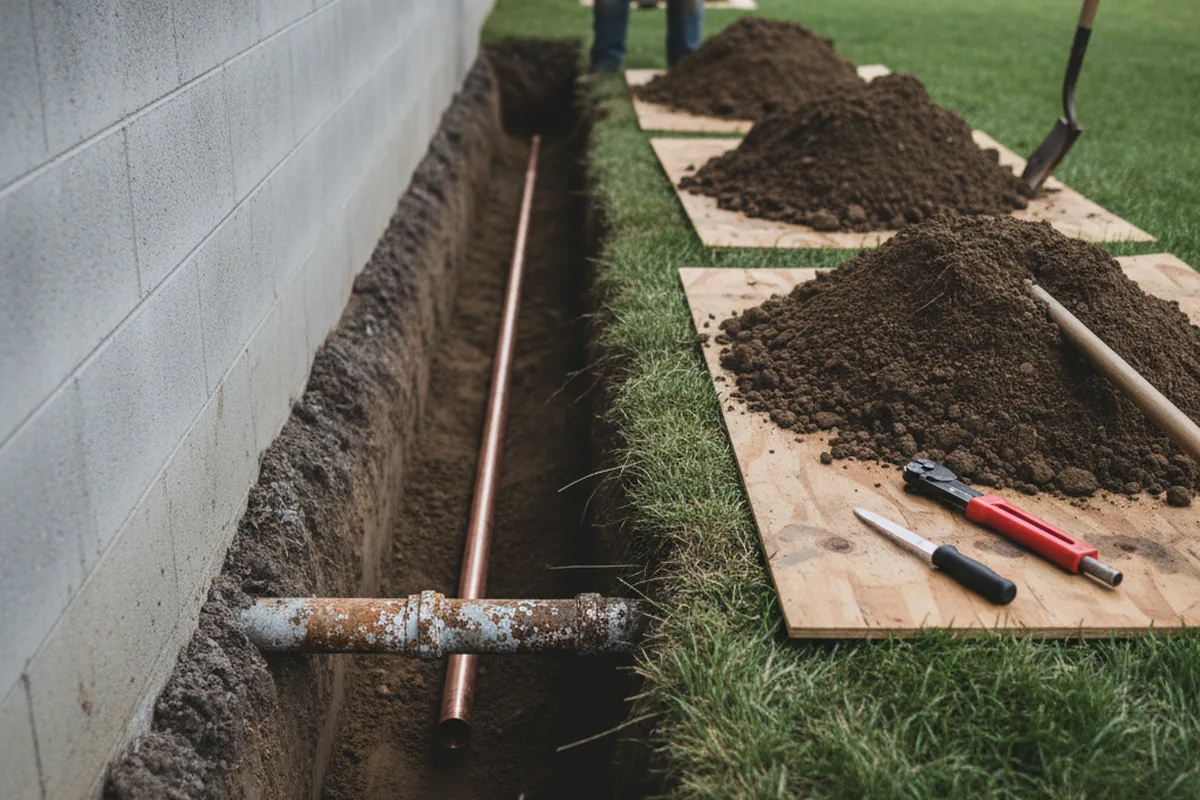 Excavated water line trench during Water Softener Installation in Glenoma